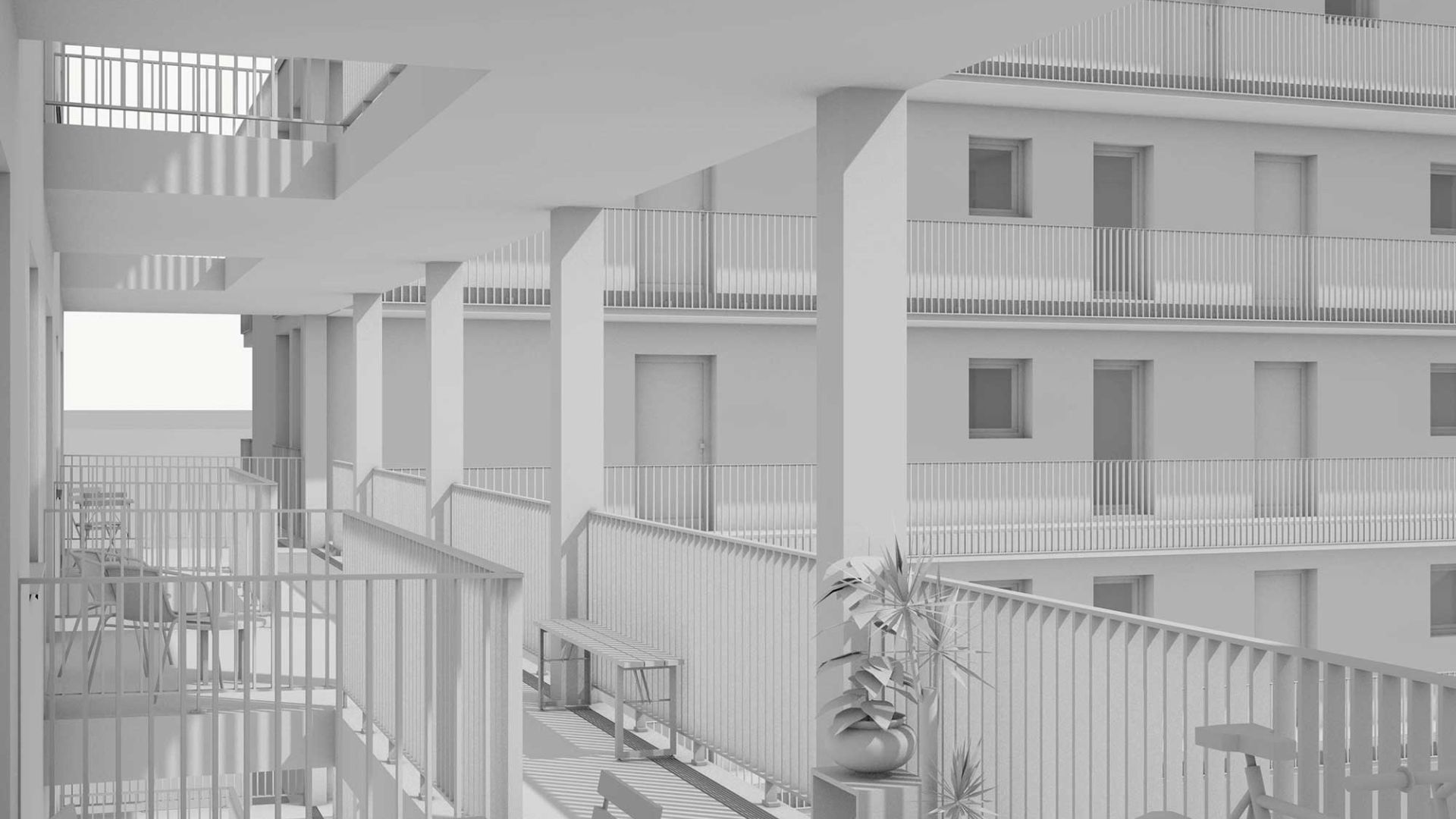 Belebter Laubengang im Stadtquartier Waldhäuser-Ost